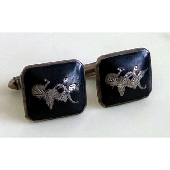 Vintage 40's Siam Sterling Niello Enamel Princess Cufflinks - Picture 2 of 10